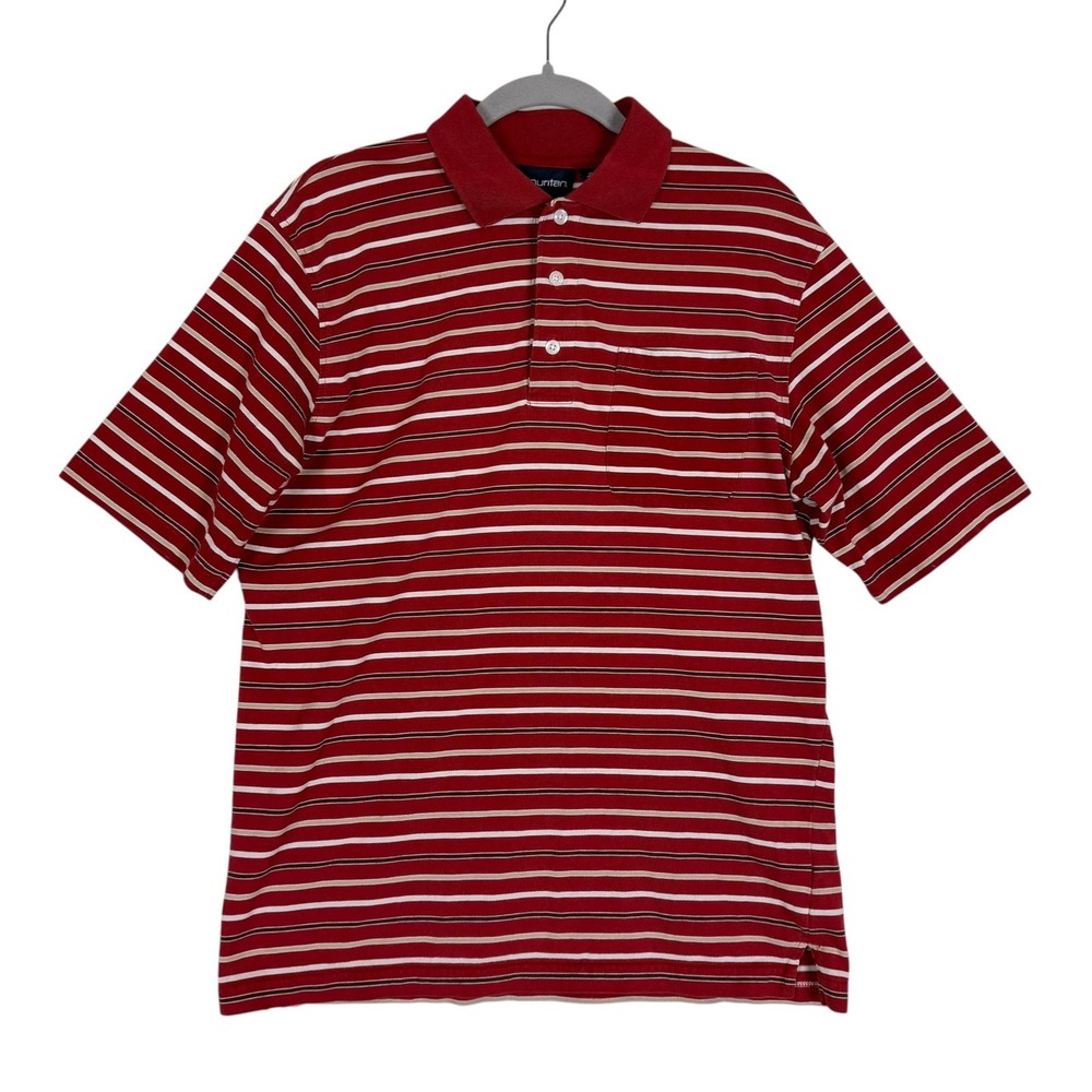 Puritan Polo Shirt Mens Medium Red Stripe Short Sleeve Pocket Cotton Blend